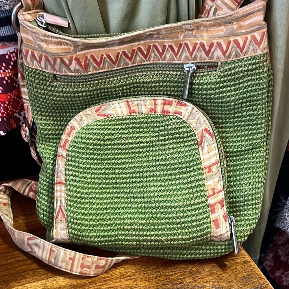 Green Jute Crossbody Shoulder Hand Bag Purse, Adjustable Strap